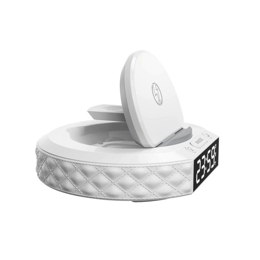 Vækkeur med LCD-display og trådløs Qi oplader 27W/9V 220 mAh hvid