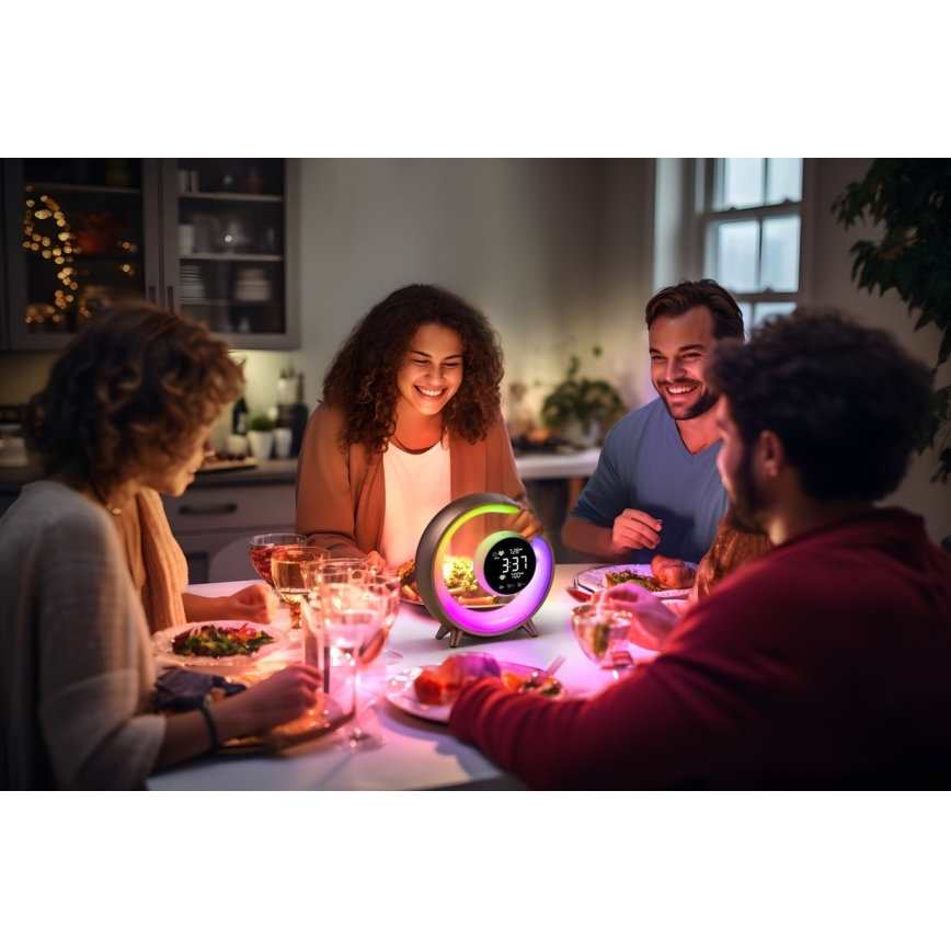 LED bordlampe m. RGBW-farver m. vækkeur dæmpbar LED/20W/5V USB sølvfarvet
