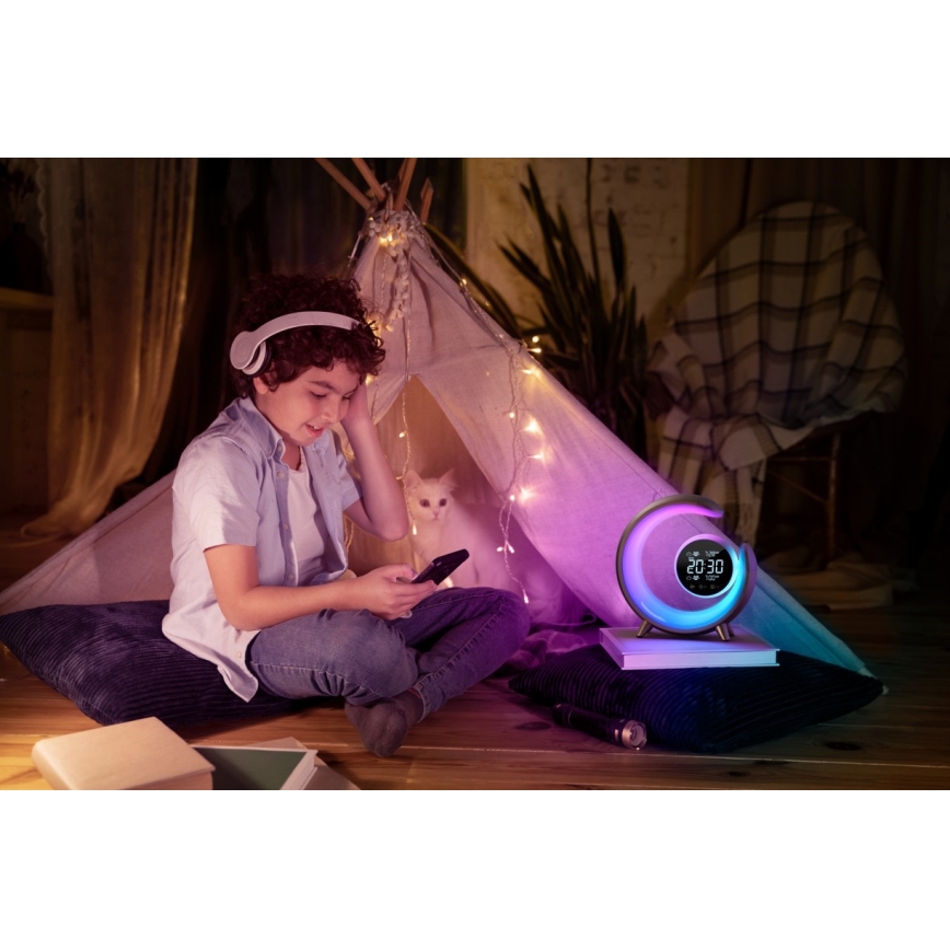 LED bordlampe m. RGBW-farver m. vækkeur dæmpbar LED/20W/5V USB sølvfarvet