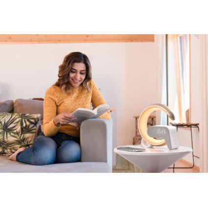 LED RGB Bordlampe dæmpbar med vækkeur og Qi opladning 30W/230V guldfarvet