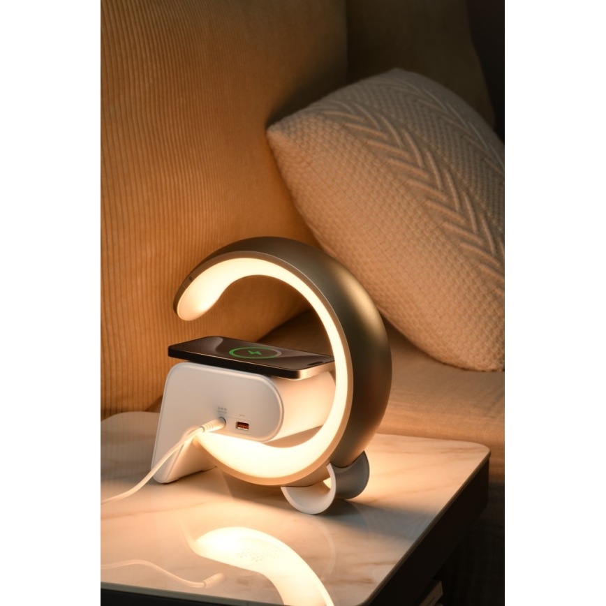 LED RGB Bordlampe dæmpbar med vækkeur og Qi opladning 30W/230V guldfarvet