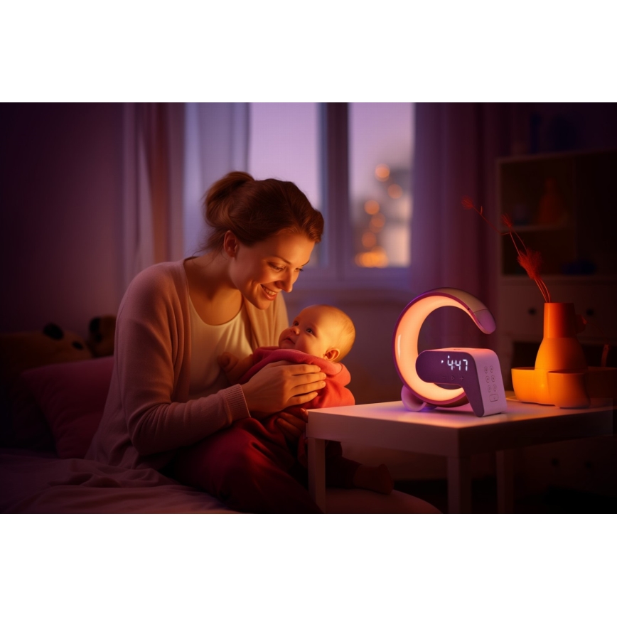 LED RGB Bordlampe dæmpbar med vækkeur og Qi opladning 30W/230V guldfarvet
