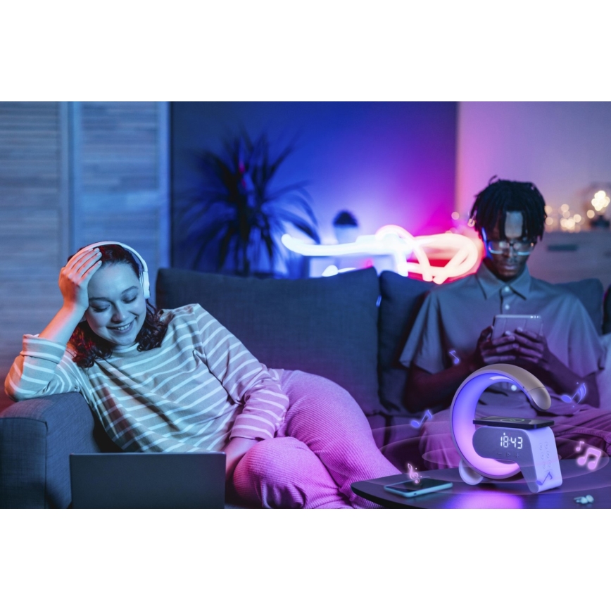 LED RGB Bordlampe dæmpbar med vækkeur og Qi opladning 30W/230V guldfarvet