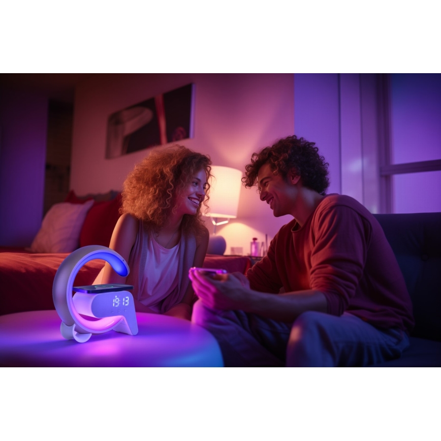 LED RGB Bordlampe dæmpbar med vækkeur og Qi opladning 30W/230V guldfarvet