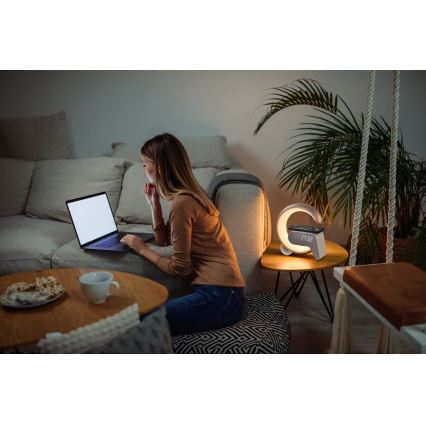LED RGB Bordlampe dæmpbar med vækkeur og Qi opladning 30W/230V guldfarvet