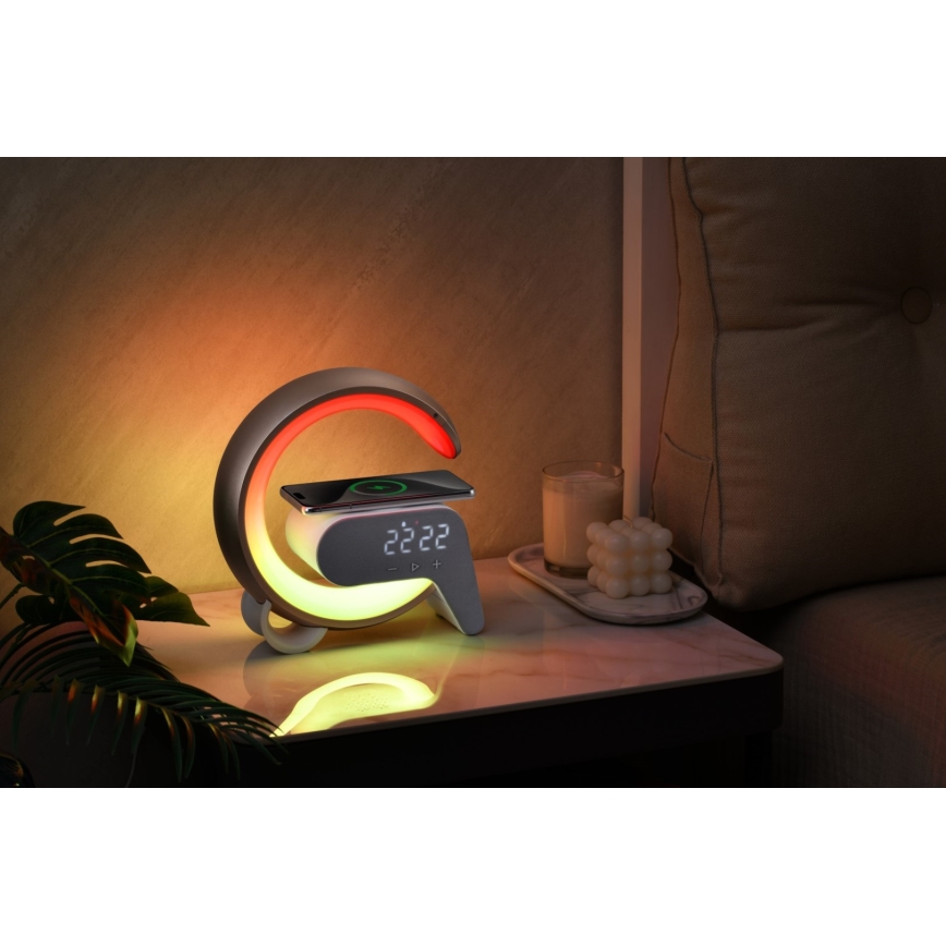 LED RGB Bordlampe dæmpbar med vækkeur og Qi opladning 30W/230V guldfarvet