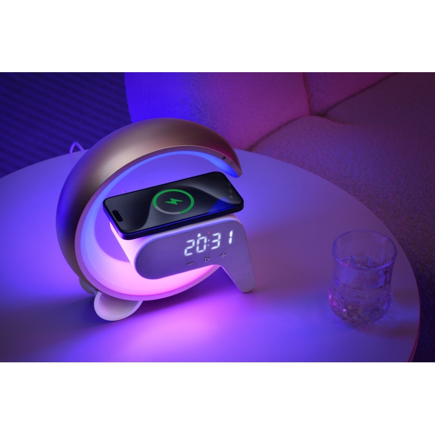 LED RGB Bordlampe dæmpbar med vækkeur og Qi opladning 30W/230V guldfarvet
