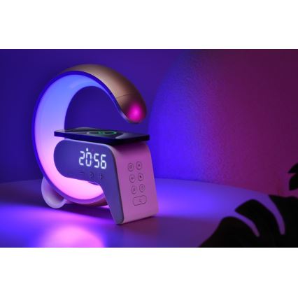 LED RGB Bordlampe dæmpbar med vækkeur og Qi opladning 30W/230V guldfarvet