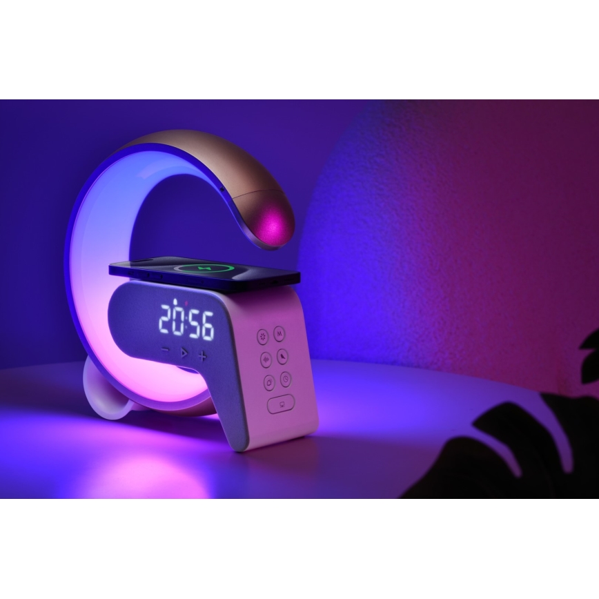 LED RGB Bordlampe dæmpbar med vækkeur og Qi opladning 30W/230V guldfarvet