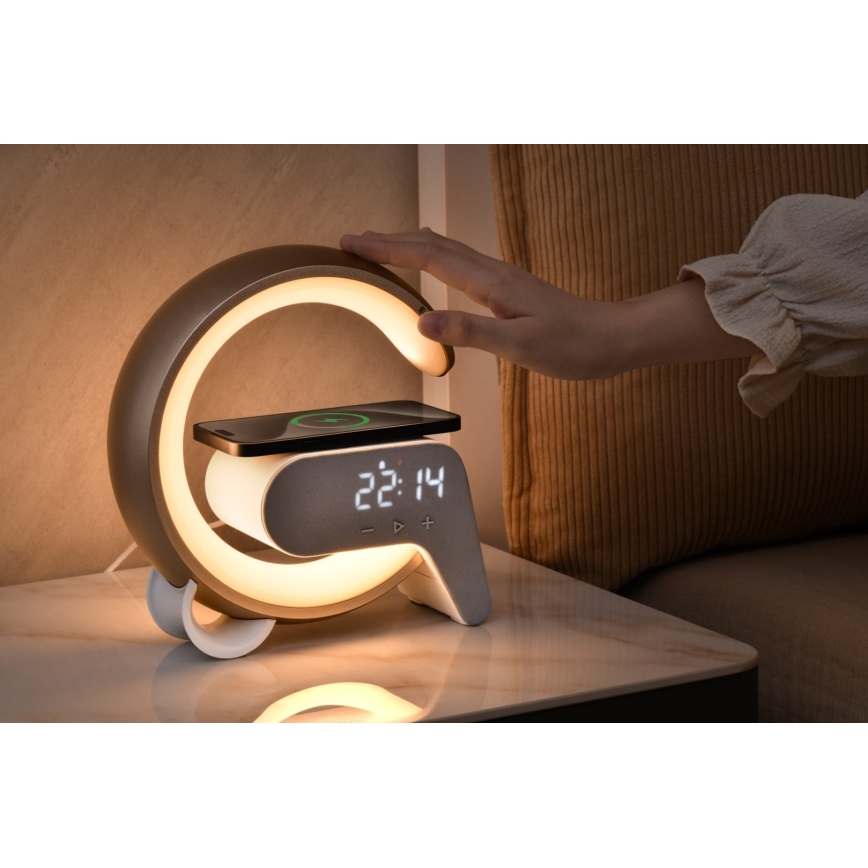 LED RGB Bordlampe dæmpbar med vækkeur og Qi opladning 30W/230V guldfarvet