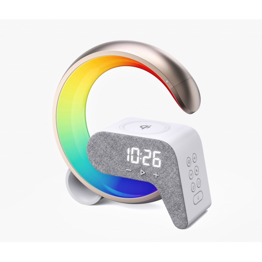 LED RGB Bordlampe dæmpbar med vækkeur og Qi opladning 30W/230V guldfarvet
