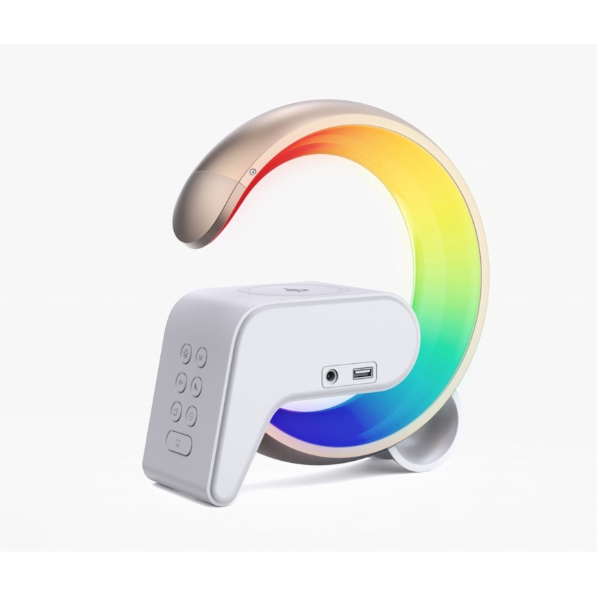 LED RGB Bordlampe dæmpbar med vækkeur og Qi opladning 30W/230V guldfarvet