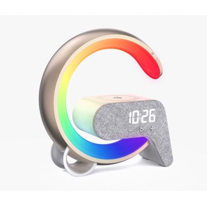 LED RGB Bordlampe dæmpbar med vækkeur og Qi opladning 30W/230V guldfarvet