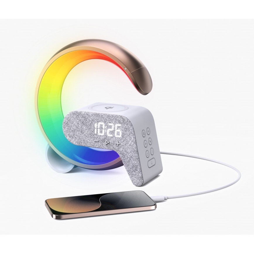 LED RGB Bordlampe dæmpbar med vækkeur og Qi opladning 30W/230V guldfarvet