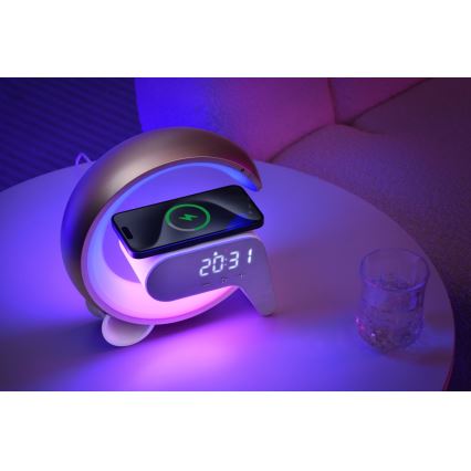LED RGB Bordlampe dæmpbar med vækkeur og Qi opladning 30W/230V sølvfarvet