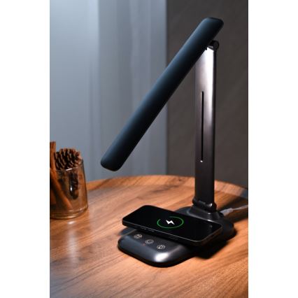 Dæmpbar LED-bordlampe med trådløs QI-opladning og USB LUMI LED/7W/230V, sort
