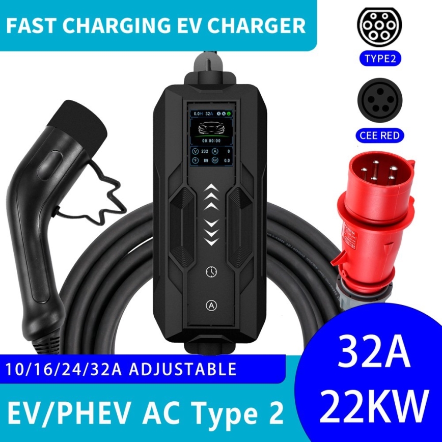 Immax - EV-ladestation til elbiler AC Type 2 32A/380V 22kW 5 m + etui