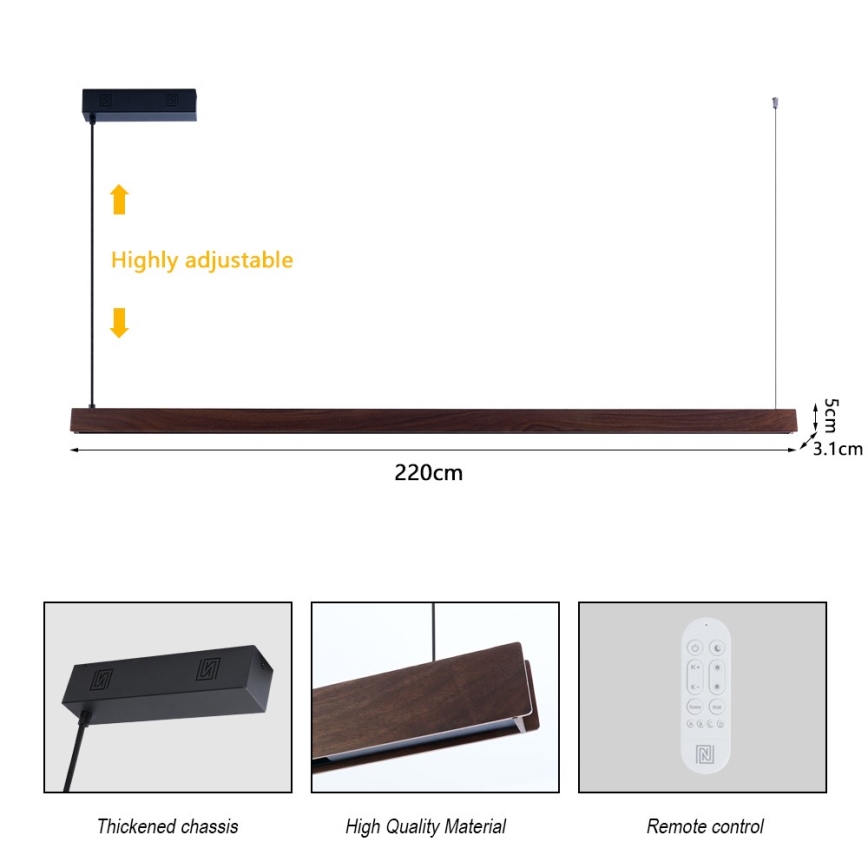 Immax NEO 07302L - LED dæmpbar pendel på wire MADEIRA LED/44W/230V Wi‑Fi Tuya 202 cm valnød + fjernbetjening