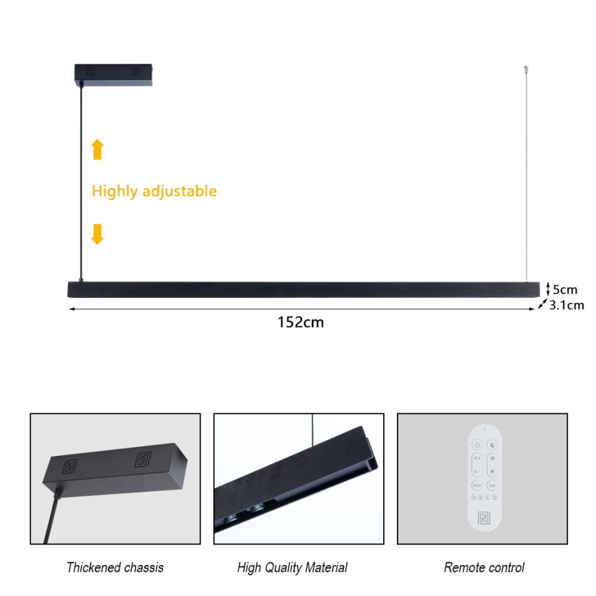 Immax NEO 07307L - Dæmpbar LED-pendel på wire MADEIRA, LED/33W/230V, Wi‑Fi (Tuya), 152 cm, sort + fjernbetjening