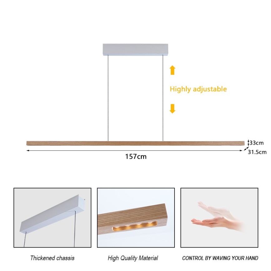 Immax NEO 07310L - LED Dæmpbar pendel på wire med sensor MADEIRA LED/37W/230V 157 cm asketræ