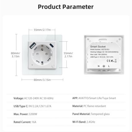 Immax NEO 07544L - Smart stikkontakt E 16A/230V + 1xUSB-A+1xUSB-C PD 20W Tuya Wi-Fi
