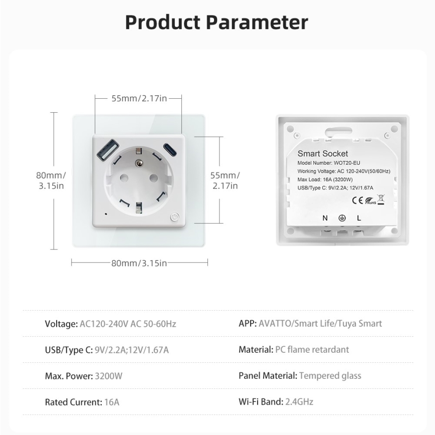 Immax NEO 07544L - Smart stikkontakt E 16A/230V + 1xUSB-A+1xUSB-C PD 20W Tuya Wi-Fi