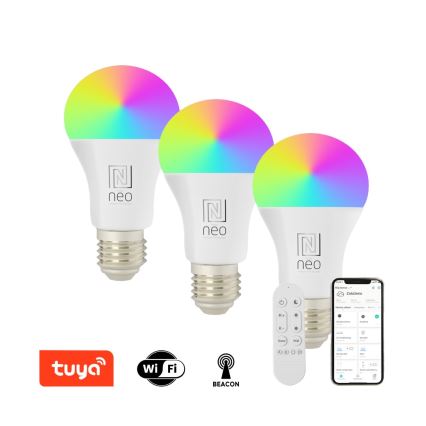 Immax NEO 07712CDO-SÆT 3xLED RGB Lyspære dæmpbar E27/9W/230V Wi-Fi Tuya + fjernbetjening