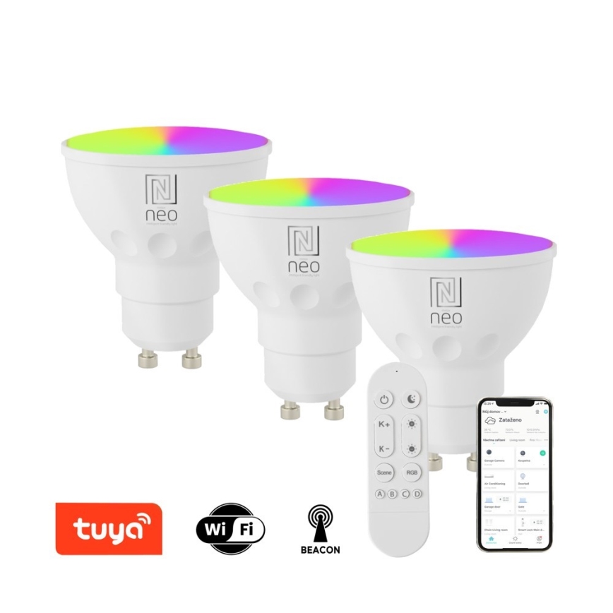 Immax NEO 07724CDO - Sæt med 3 stk. LED RGB+CCT, dæmpbar GU10-pære 4,8W/230V 2700-6500K Wi-Fi Tuya + fjernbetjening