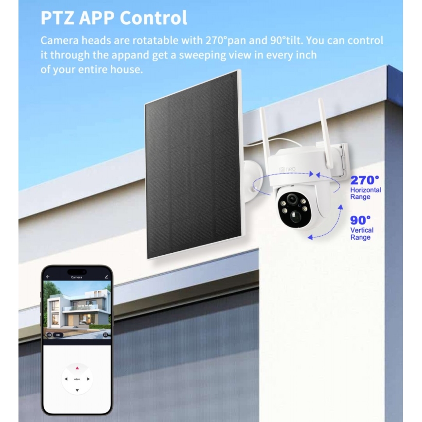 Immax NEO 07804L - Smart udendørs solcellekamera med sensor, 9000 mAh-batteri og IP65