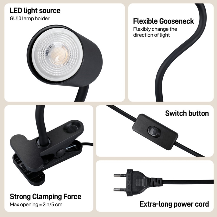 Immax NEO 08293L - Fleksibel lampe med klemme PUNTO 1xGU10/9W/230V sort