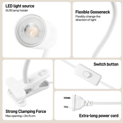 Immax NEO 08294L - Fleksibel lampe med klemme PUNTO 1xGU10/9W/230V hvid