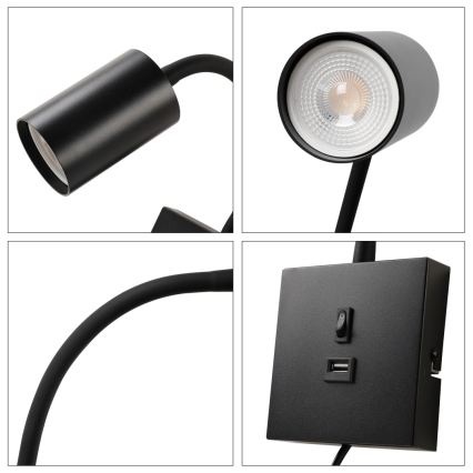Immax NEO 08295L - Væglampe med USB PUNTO 1xGU10/9W/230V sort