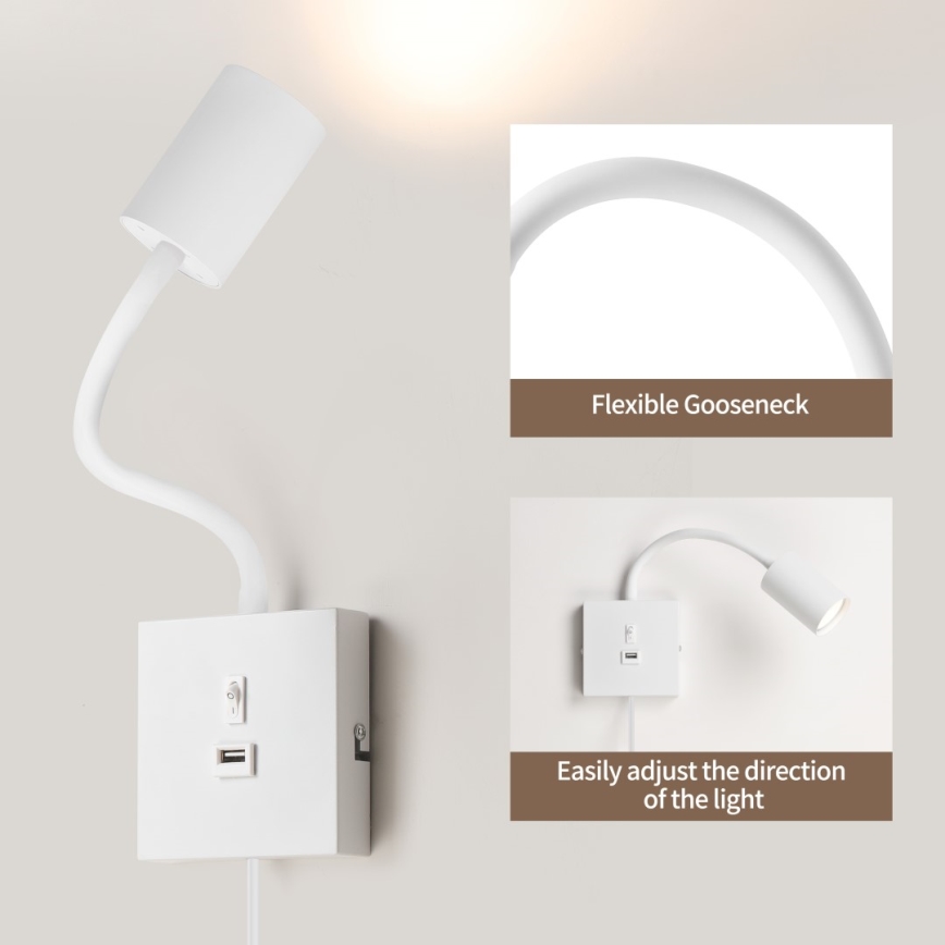 Immax NEO 08296L - Væglampe med USB PUNTO 1xGU10/9W/230V hvid
