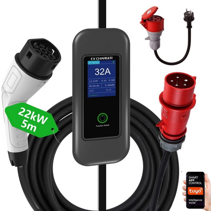 Immax - Rejseopladningsstation til elbiler EV AC Type 2 32A/380V 22kW + stik 230V 5m Wi-Fi Tuya