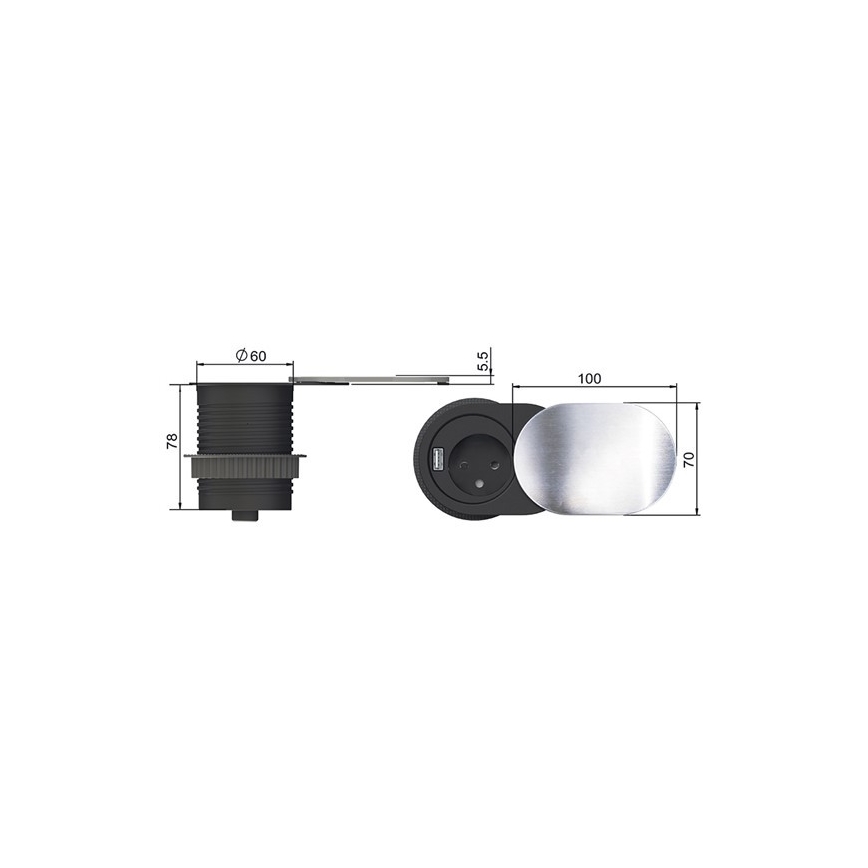 Indbygget USB-stik med bevægeligt låg 10A / 230V