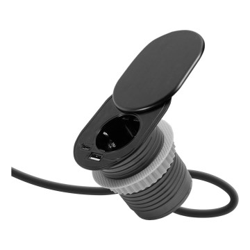 Indbygningsstikdåse med skydelåg — 1x stikkontakt + USB-C + USB-A, sort