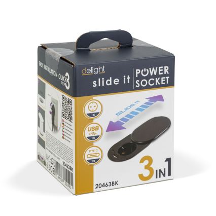 Indbygningsstikdåse med skydelåg — 1x stikkontakt + USB-C + USB-A, sort