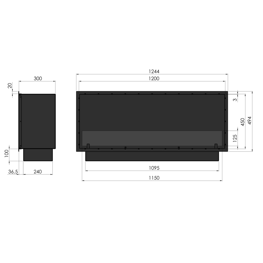 InFire - Indbygget biopejs 49,4x124,4 cm 6kW sort