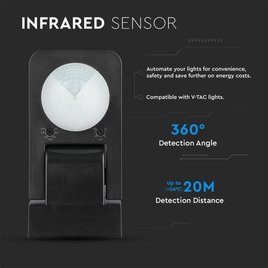 Infrarød bevægelsessensor udendørs 360° 1000W/230V IP65 sort