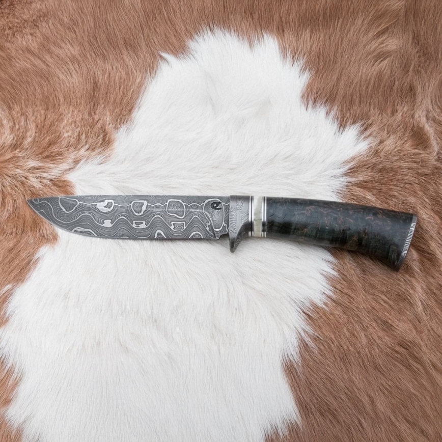 Jagtkniv Damaskus 13,8 cm Birk/kamelknogle