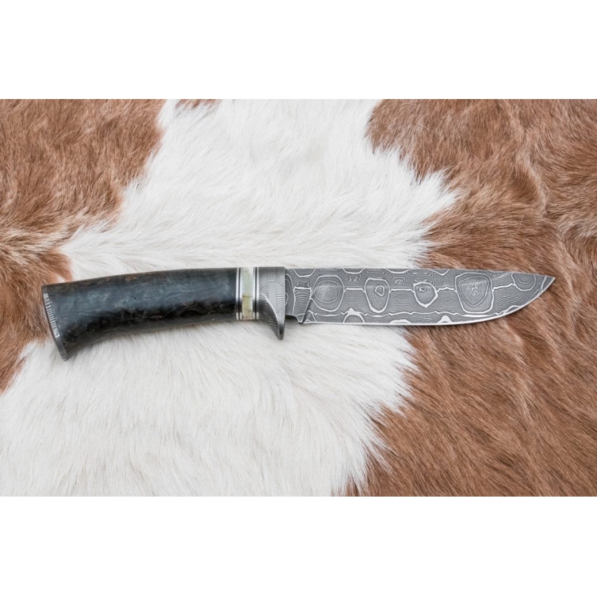 Jagtkniv Damaskus 13,8 cm Birk/kamelknogle