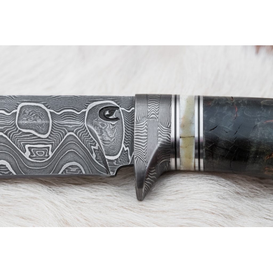 Jagtkniv Damaskus 13,8 cm Birk/kamelknogle