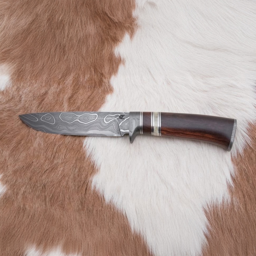 Jagtkniv Damaskus 13,8 cm ironwood/bøffelknogle