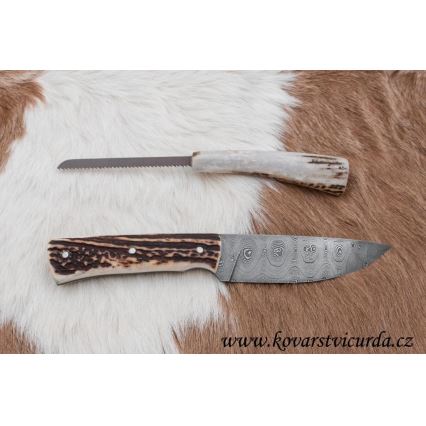 Jagtkniv med minisav Damaskus 11 cm hjortegevir