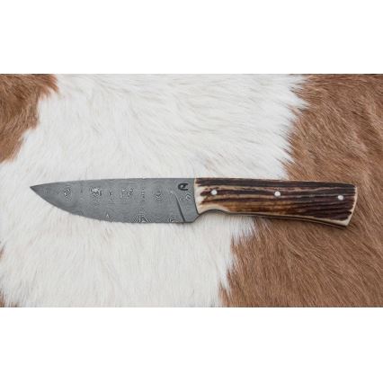Jagtkniv med minisav Damaskus 11 cm hjortegevir