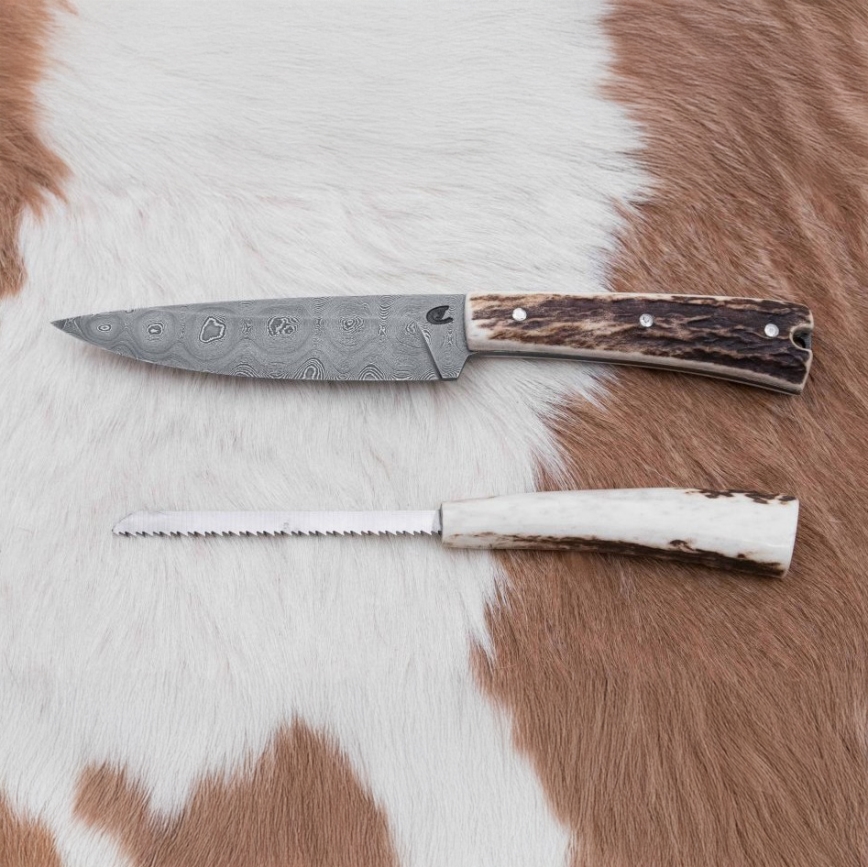 Jagtkniv med minisav Damaskus 12 cm hjortegevir