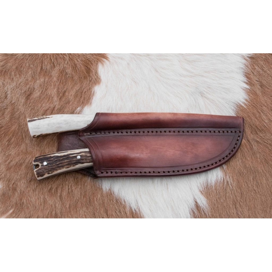 Jagtkniv med minisav Damaskus 12 cm hjortegevir