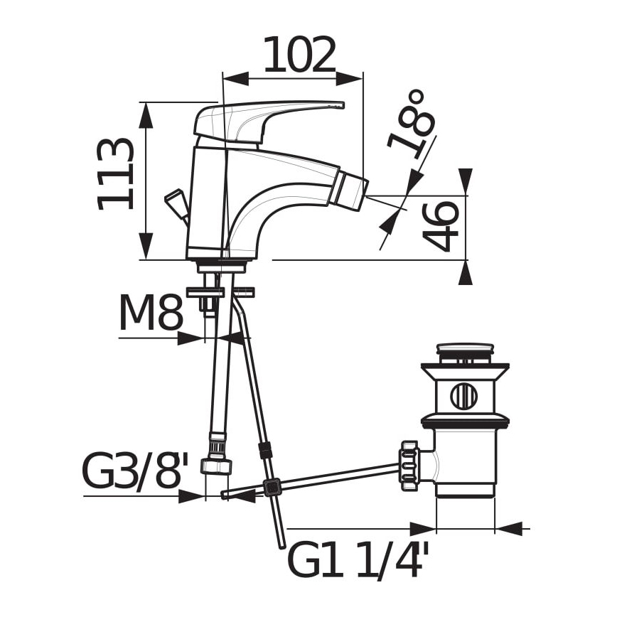 JIKA H3411U10041111 - Bidethane + afløb uden overløbsbeskyttelse DEEP 11,3 cm skinnende krom