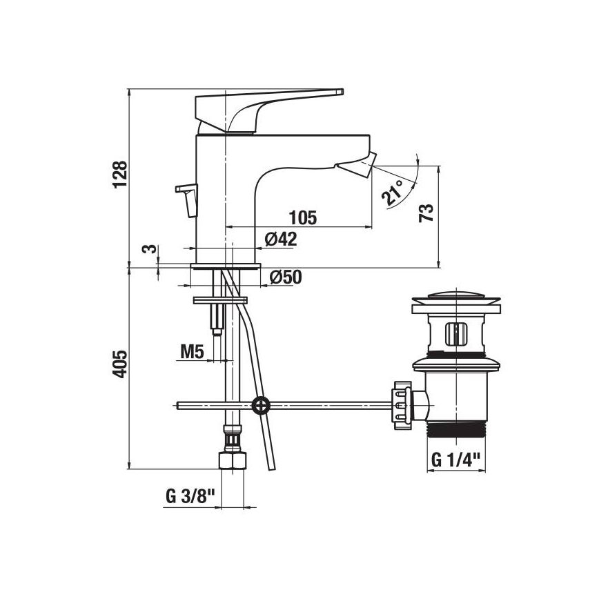 JIKA H3411X10041111 - Bidethane + afløb uden overløbsbeskyttelse CUBITO 12,8 cm skinnende krom