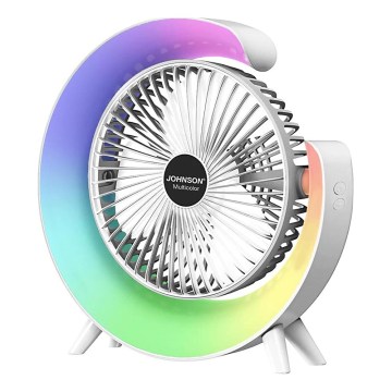JOHNSON - Genopladelig bordventilator med RGB-LED, multifarvet LED/5W/3,7V 1200 mAh, Ø 14 cm, hvid